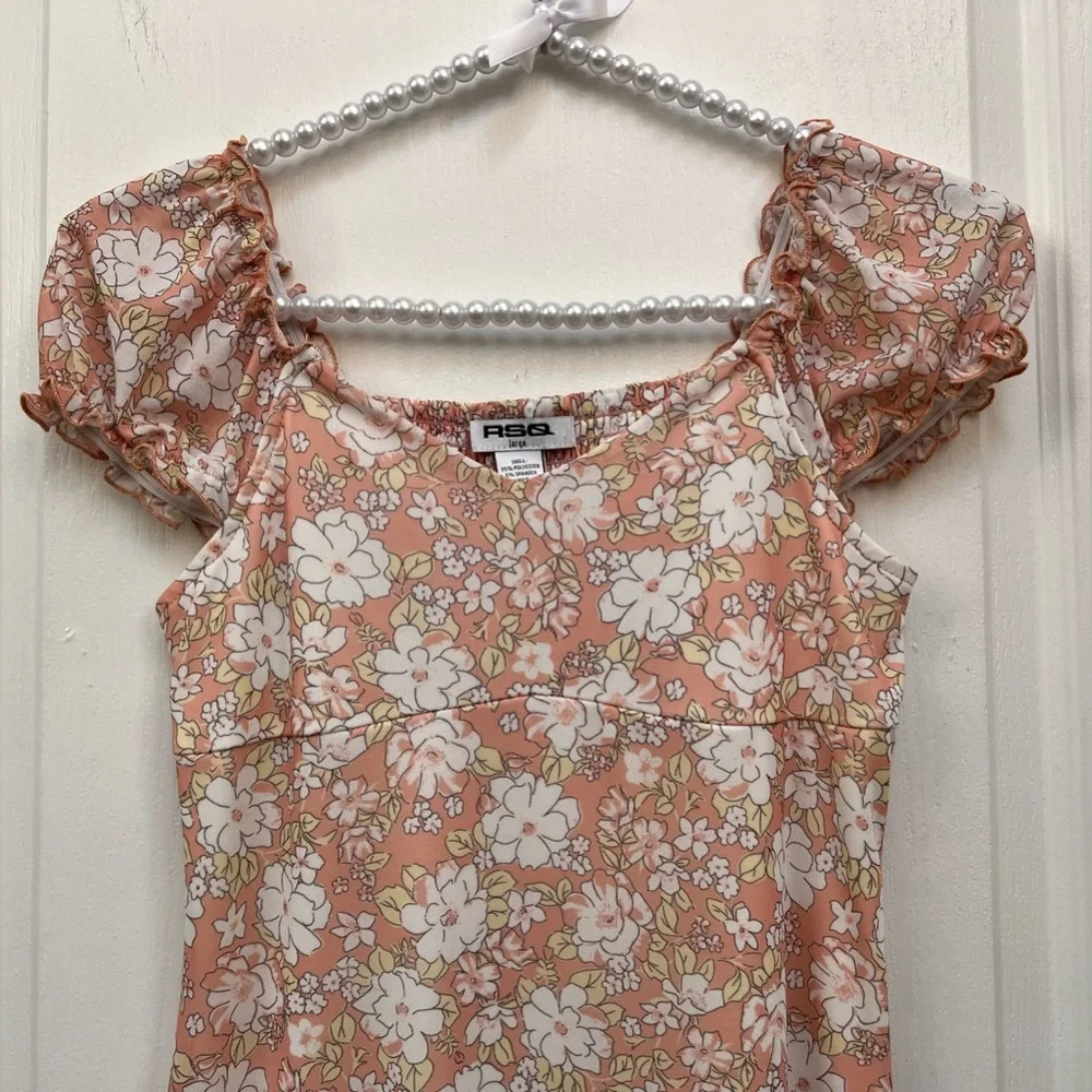 RSQ Floral Puff Sleeve Mini Dress Peach Pink Smocked Back Large